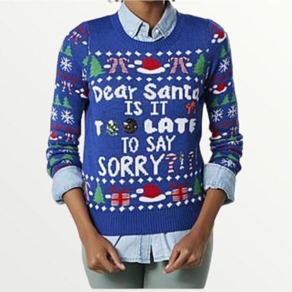 Dear Santa is it too late to say sorry holiday ugly Christmas sweater L - Picture 1 of 7